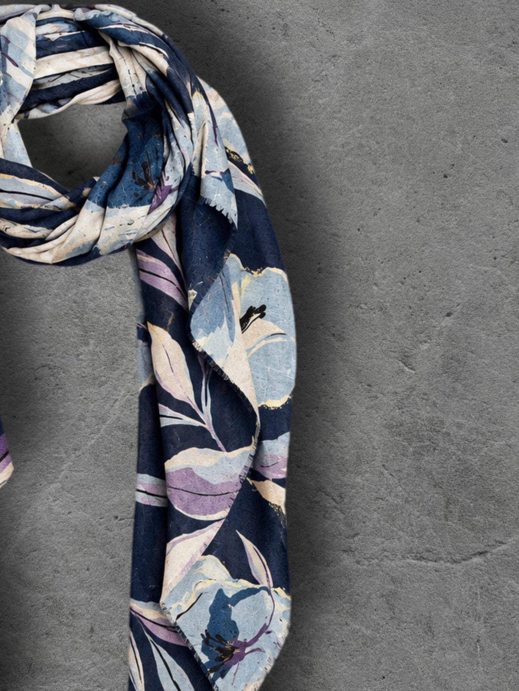 Navy Blue Floral Print Autumn Winter Scarf, Lightweight Cotton Wrap, Lilac Botanical Shawl for Women, Ideal Gift for Her