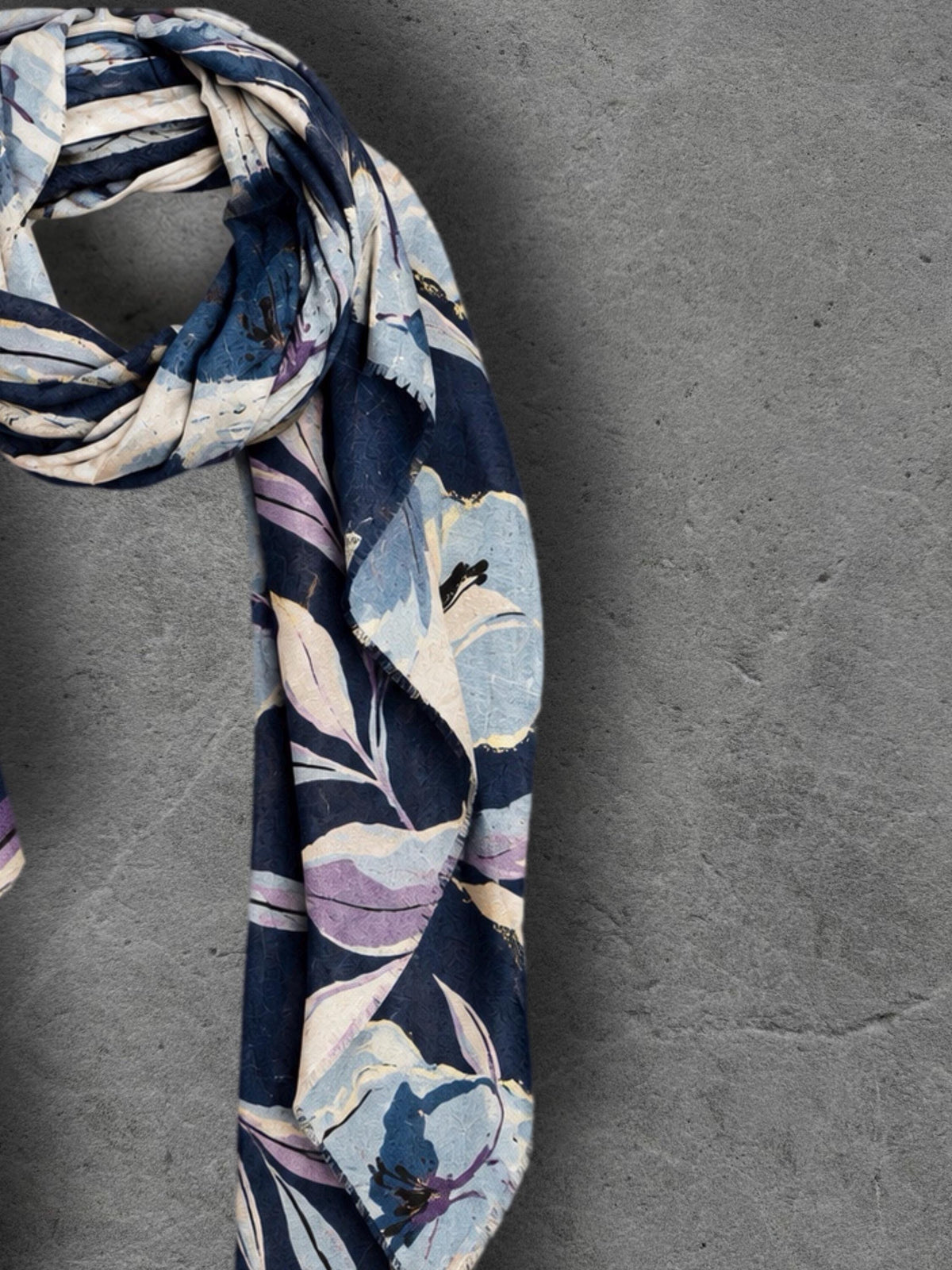 Navy Blue Floral Print Autumn Winter Scarf, Lightweight Cotton Wrap, Lilac Botanical Shawl for Women, Ideal Gift for Her