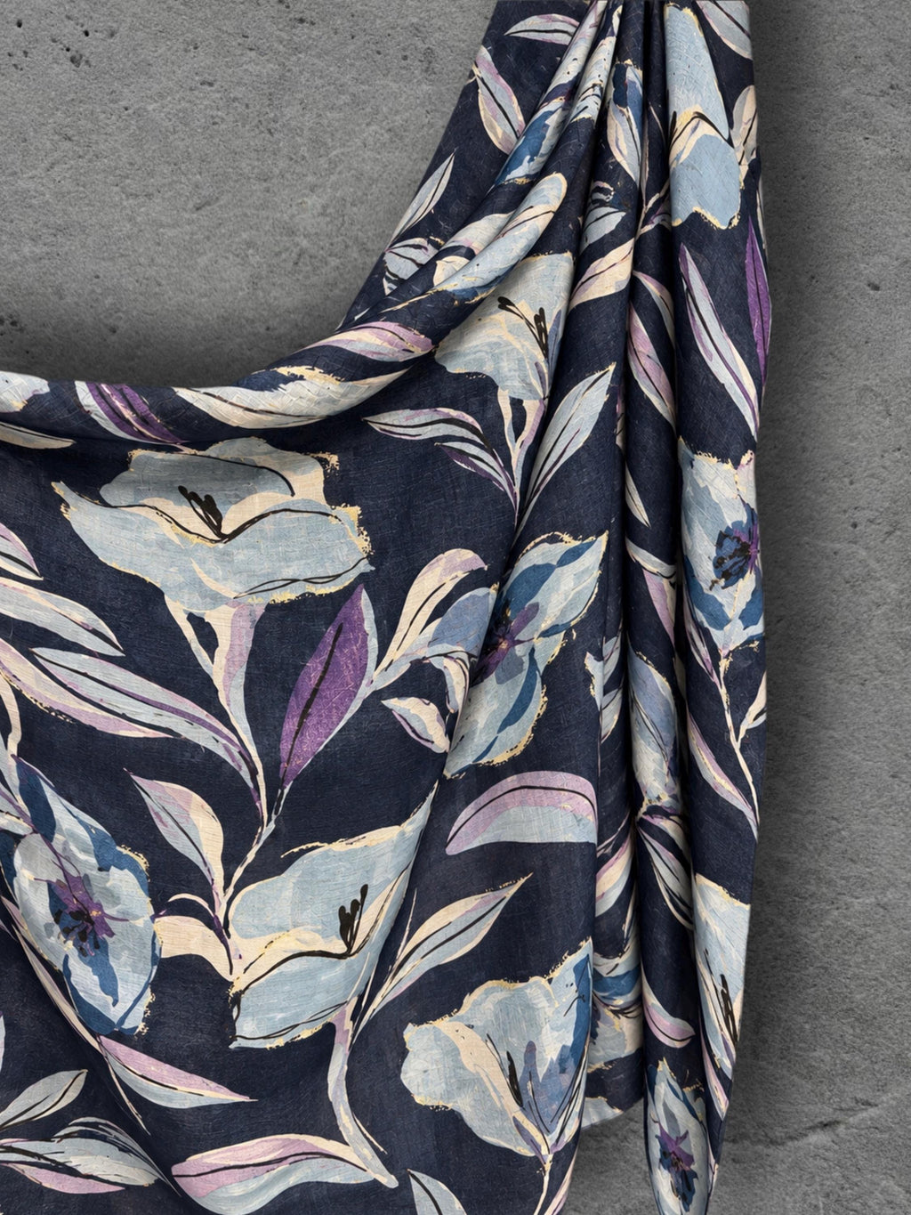 Navy Blue Floral Print Autumn Winter Scarf, Lightweight Cotton Wrap, Lilac Botanical Shawl for Women, Ideal Gift for Her