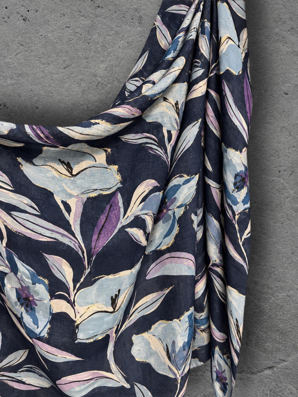 Navy Blue Floral Print Autumn Winter Scarf, Lightweight Cotton Wrap, Lilac Botanical Shawl for Women, Ideal Gift for Her
