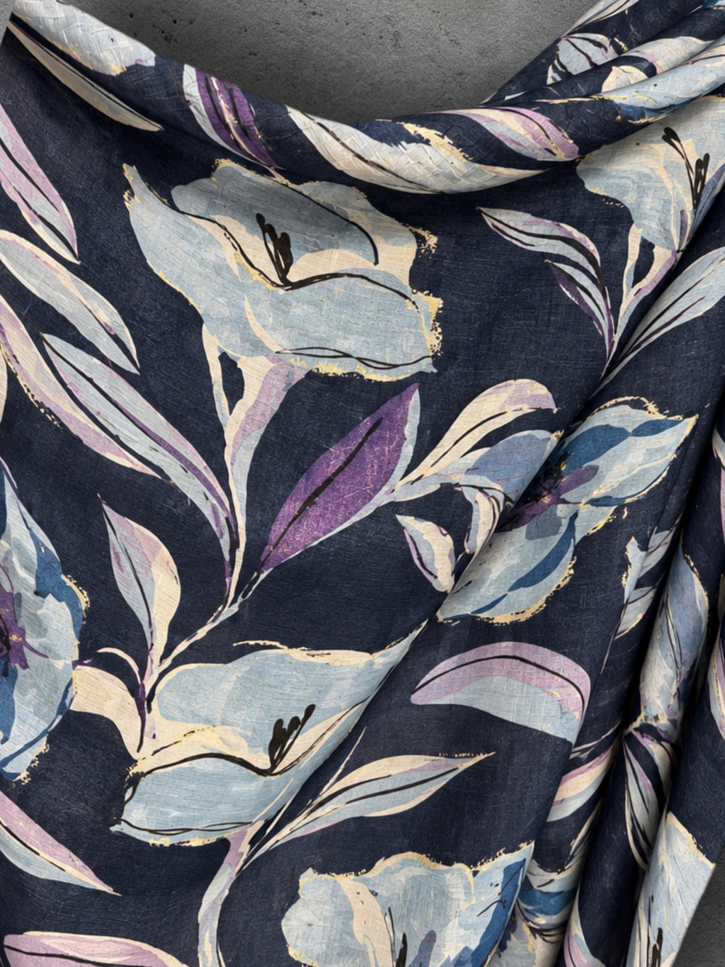 Navy Blue Floral Print Autumn Winter Scarf, Lightweight Cotton Wrap, Lilac Botanical Shawl for Women, Ideal Gift for Her