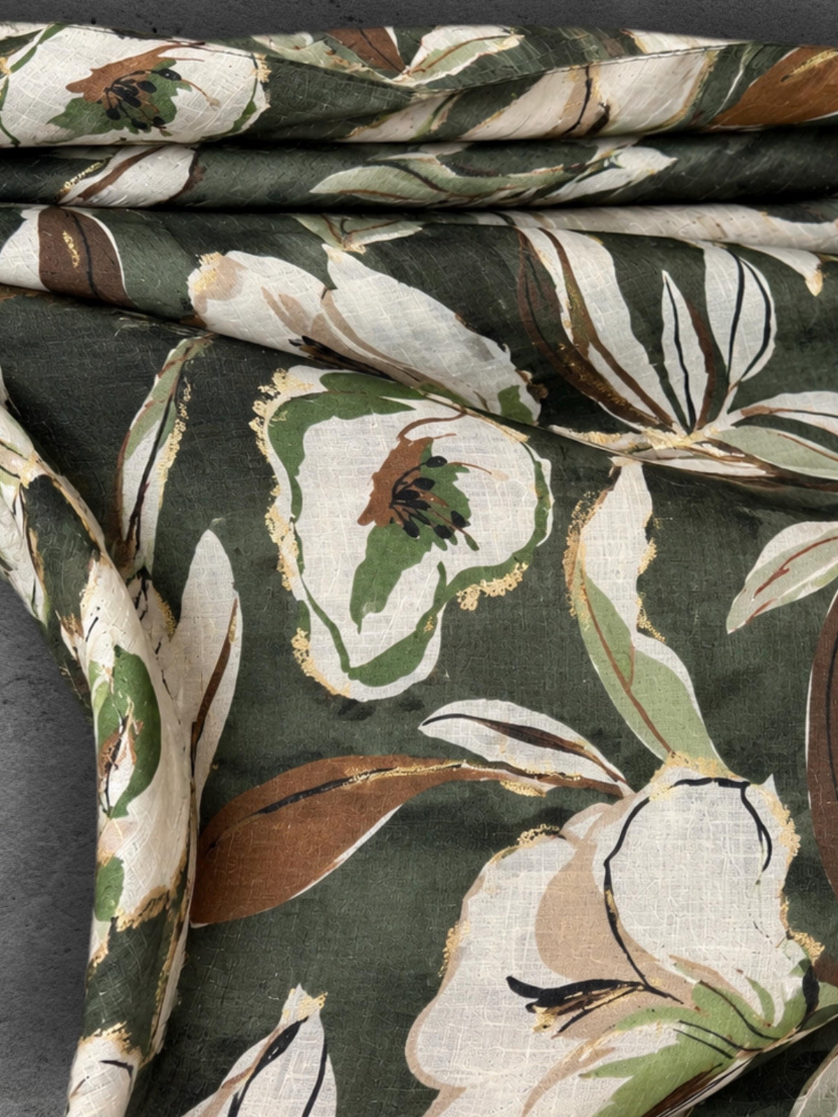 Olive Green Floral Print Autumn Winter Scarf, Lightweight Cotton Shawl, Cream Botanical Wrap for Women