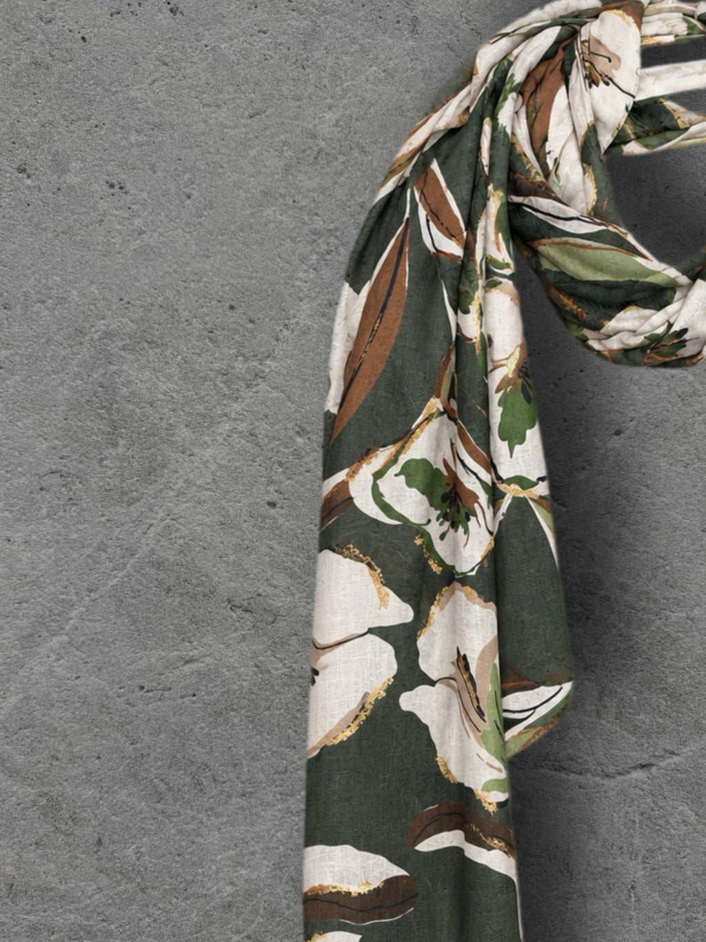 Olive Green Floral Print Autumn Winter Scarf, Lightweight Cotton Shawl, Cream Botanical Wrap for Women