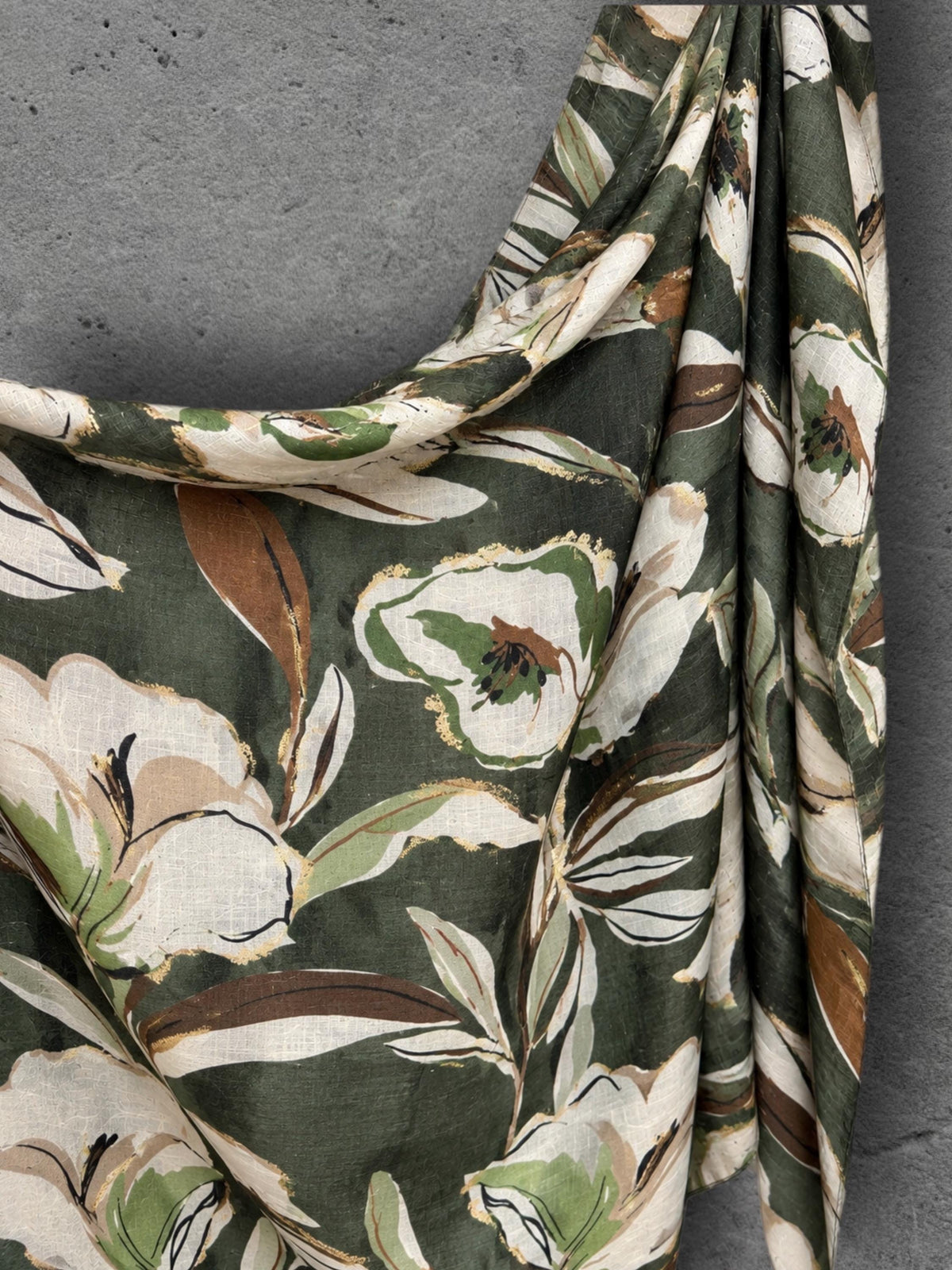 Olive Green Floral Print Autumn Winter Scarf, Lightweight Cotton Shawl, Cream Botanical Wrap for Women