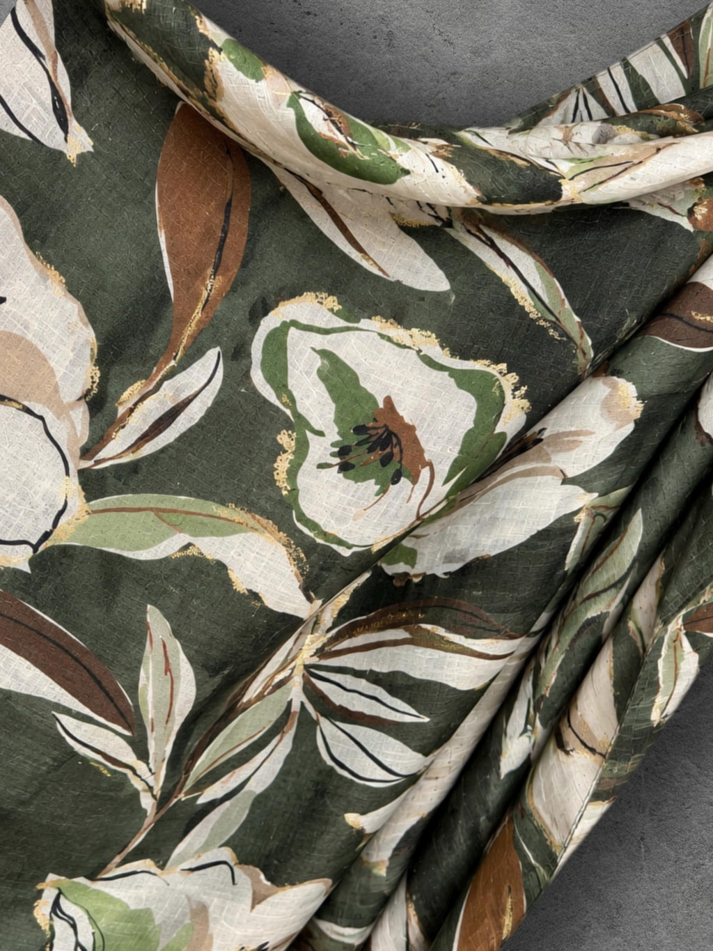 Olive Green Floral Print Autumn Winter Scarf, Lightweight Cotton Shawl, Cream Botanical Wrap for Women