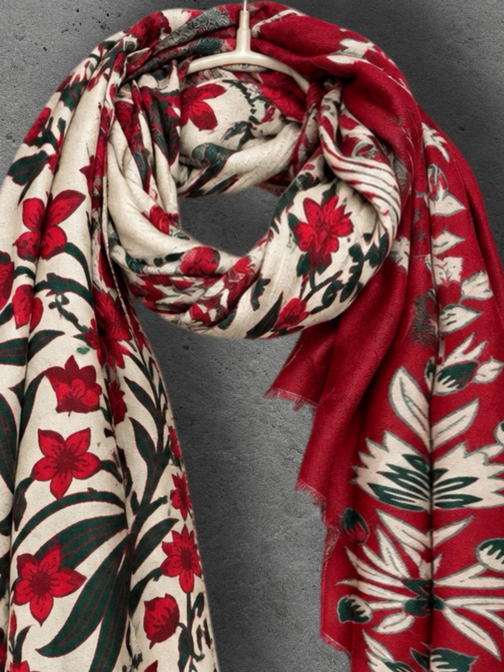 Off White and Red Heritage Garden Floral Reversible Winter Scarf, Ultra Soft Botanical Wrap, Cozy Gifts for Her