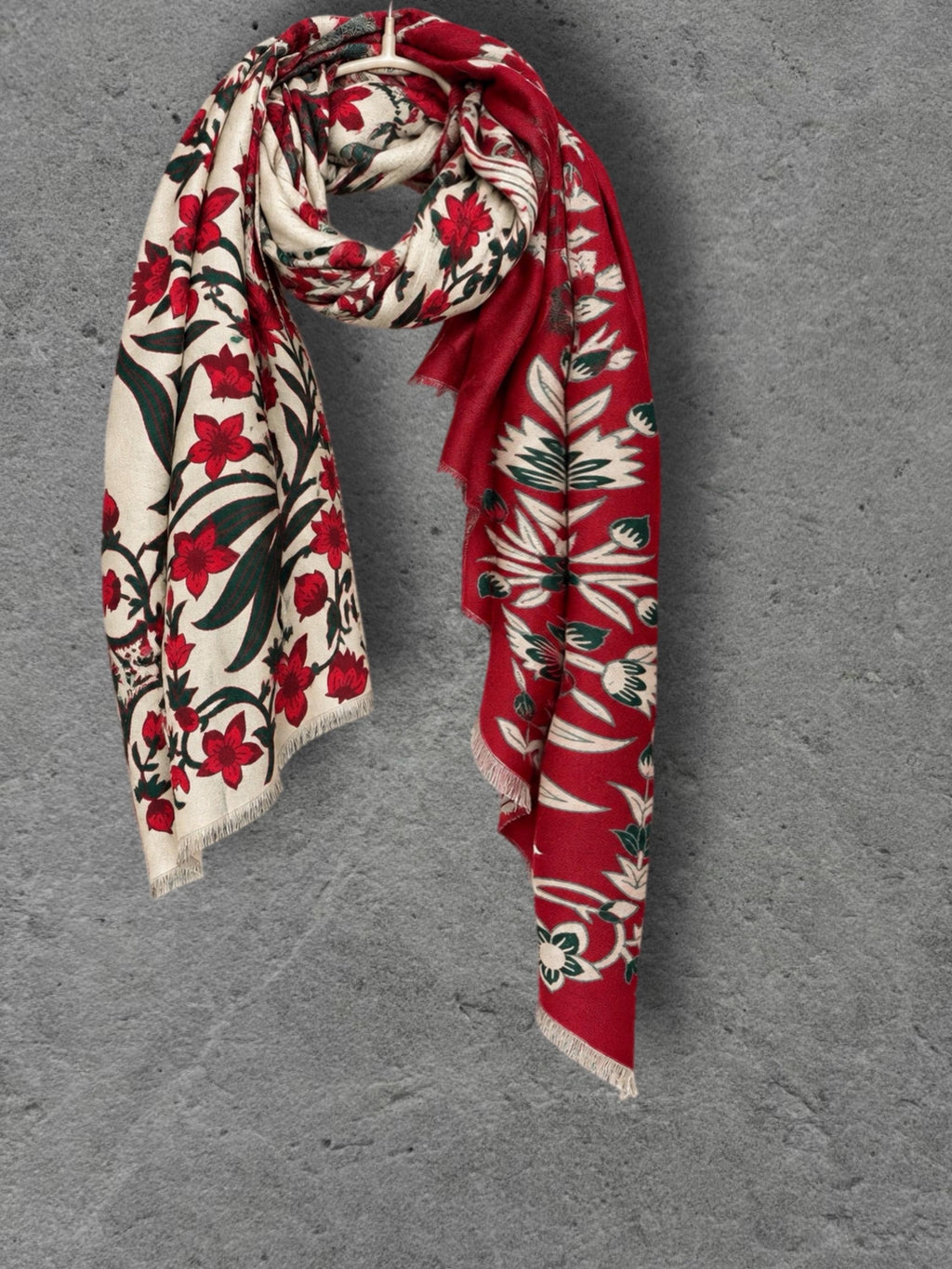 Off White and Red Heritage Garden Floral Reversible Winter Scarf, Ultra Soft Botanical Wrap, Cozy Gifts for Her