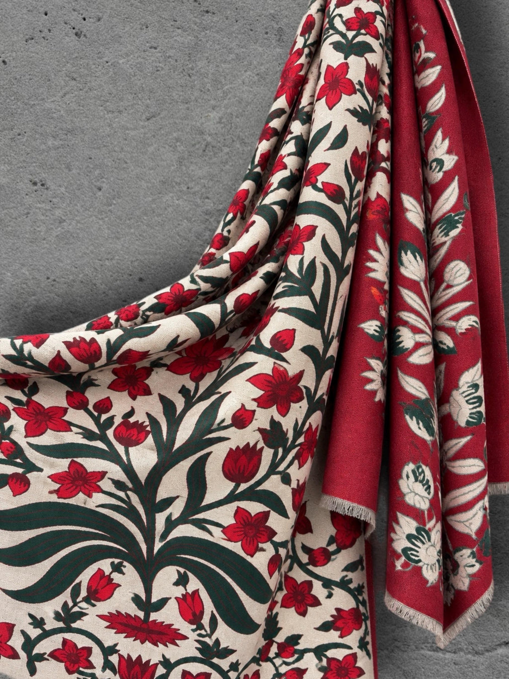 Off White and Red Heritage Garden Floral Reversible Winter Scarf, Ultra Soft Botanical Wrap, Cozy Gifts for Her