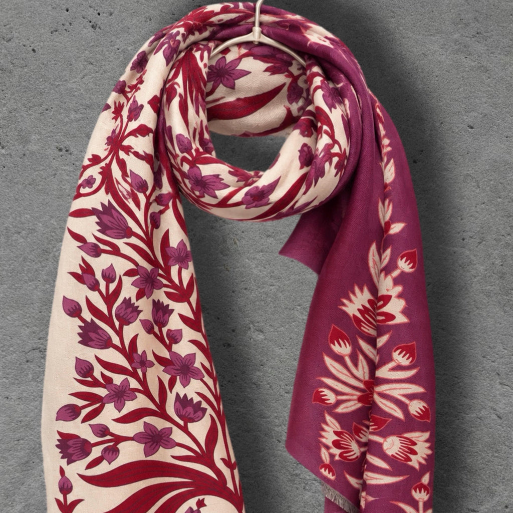 Cream and Burgundy Heritage Garden Floral Reversible Winter Scarf, Luxury Shawl for Women, Warm Gift for Her