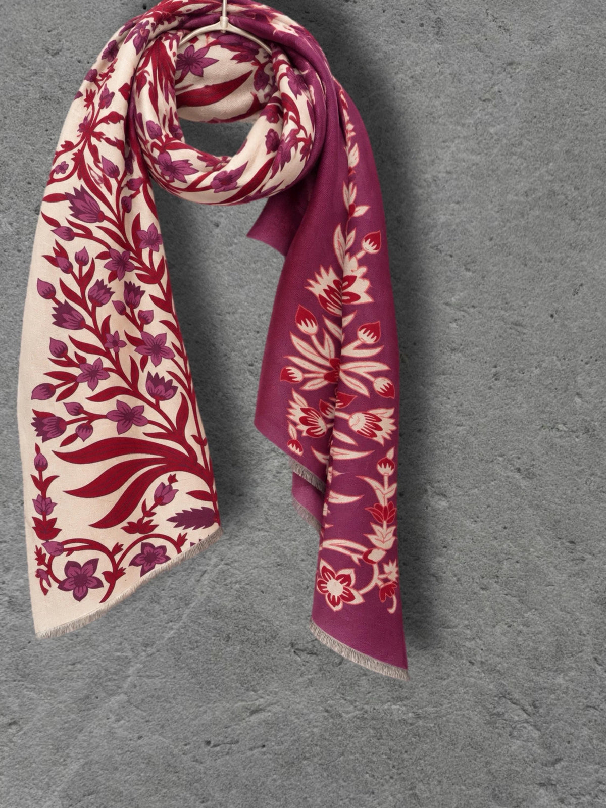 Cream and Burgundy Heritage Garden Floral Reversible Winter Scarf, Luxury Shawl for Women, Warm Gift for Her