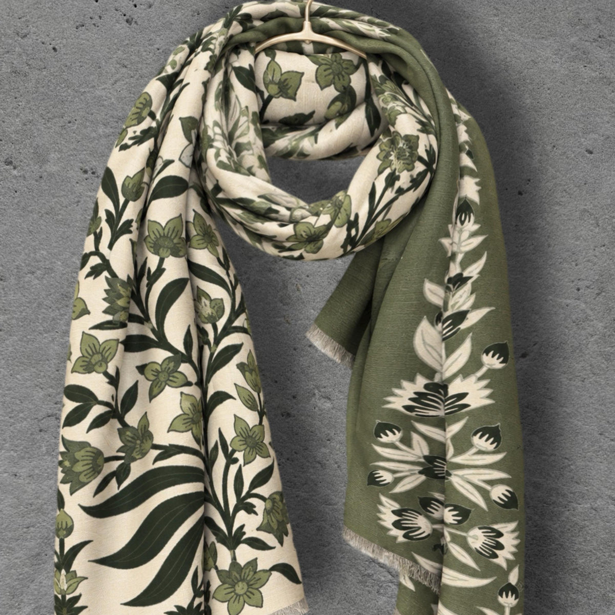 Beige and Olive Green Heritage Garden Floral Reversible Winter Scarf, Cosy Botanical Wrap, Thoughtful Gifts for Her