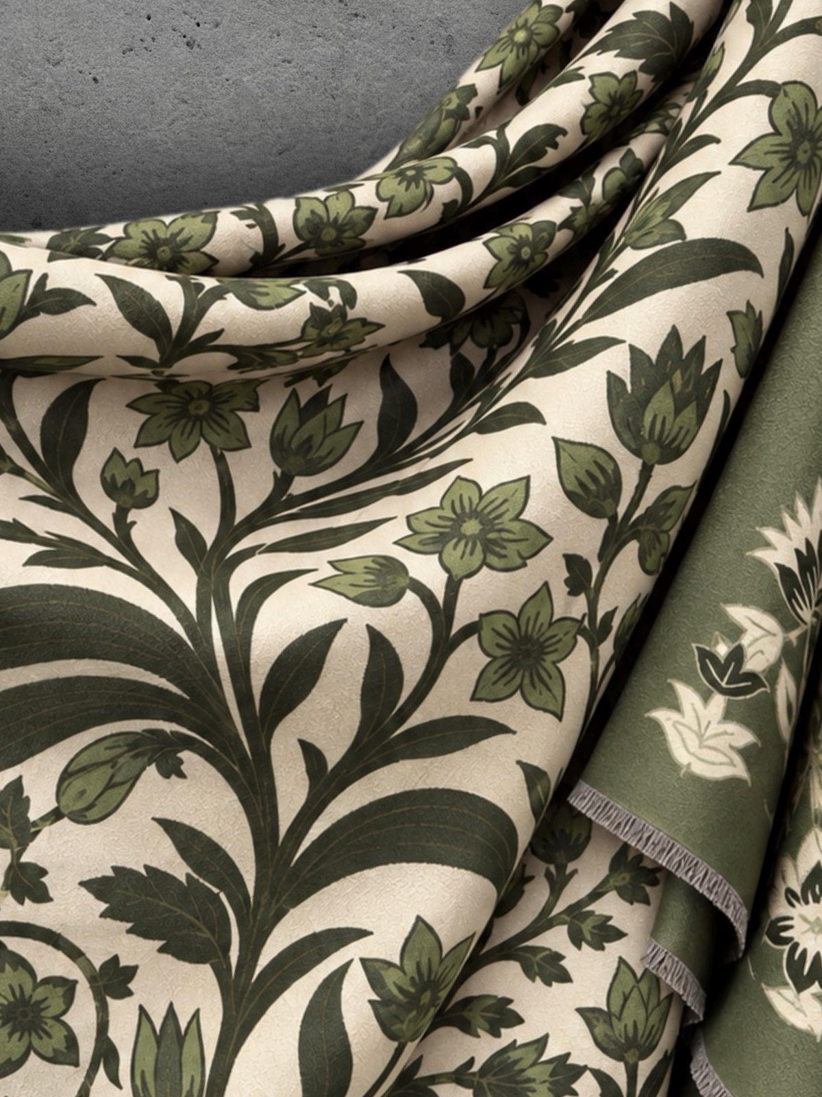 Beige and Olive Green Heritage Garden Floral Reversible Winter Scarf, Cosy Botanical Wrap, Thoughtful Gifts for Her