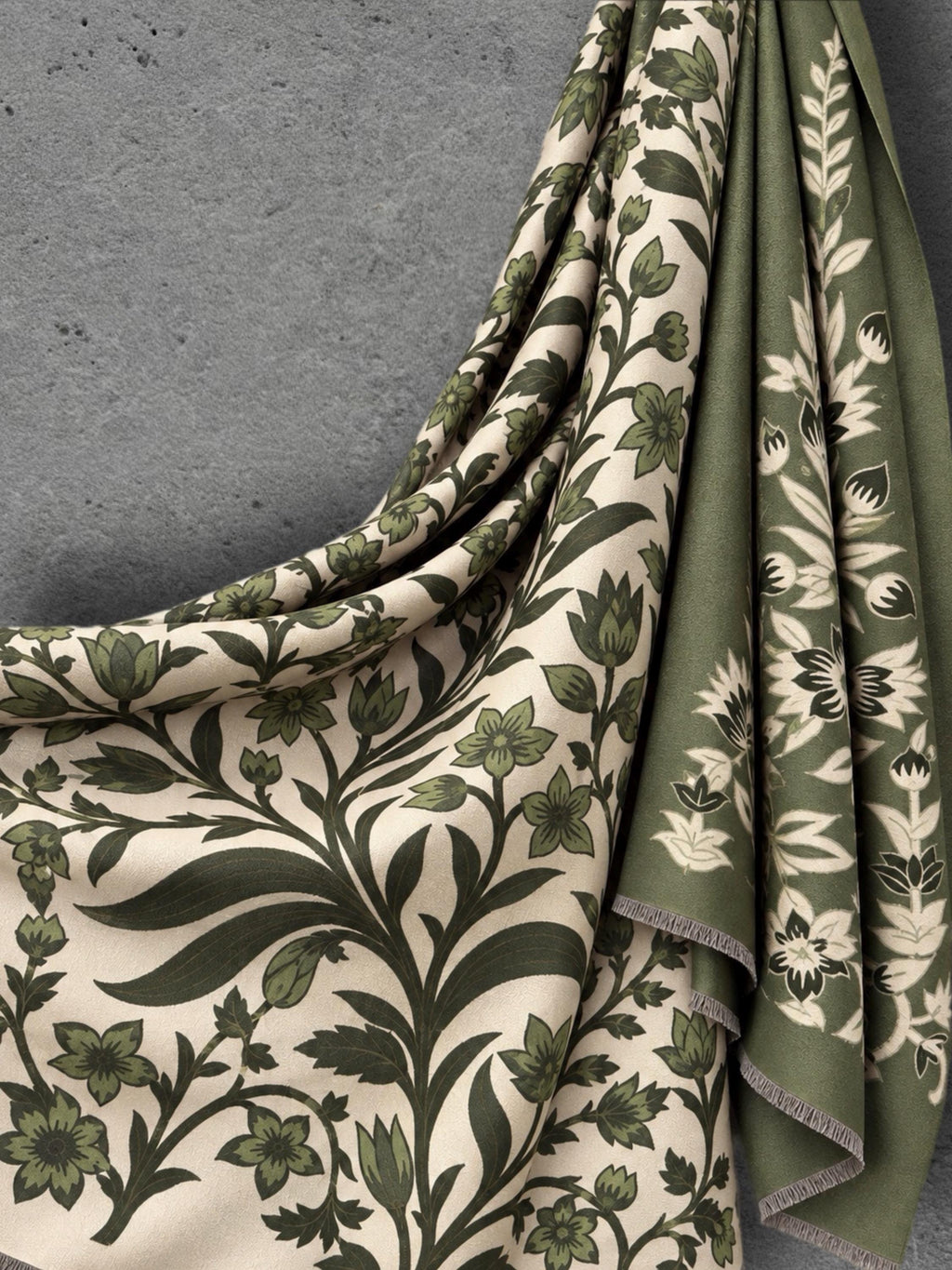 Beige and Olive Green Heritage Garden Floral Reversible Winter Scarf, Cosy Botanical Wrap, Thoughtful Gifts for Her