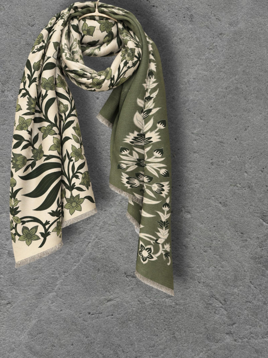 Beige and Olive Green Heritage Garden Floral Reversible Winter Scarf, Cosy Botanical Wrap, Thoughtful Gifts for Her