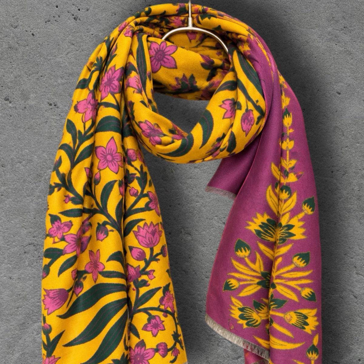 Mustard Yellow and Purple Heritage Garden Floral Reversible Winter Scarf, Warm Shawl for Women, Ideal Christmas Gifts