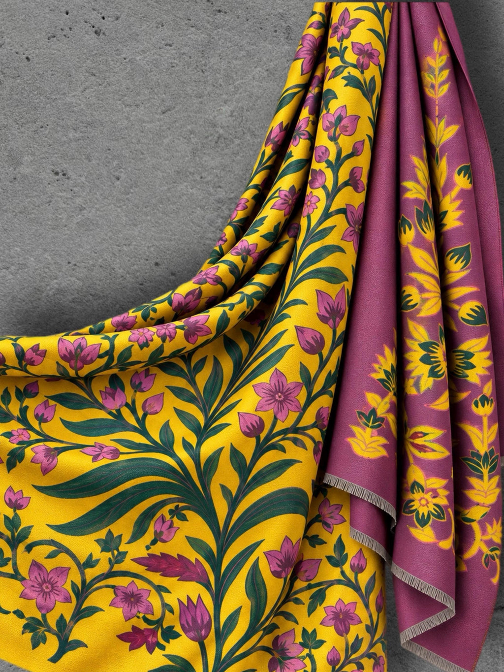 Mustard Yellow and Purple Heritage Garden Floral Reversible Winter Scarf, Warm Shawl for Women, Ideal Christmas Gifts