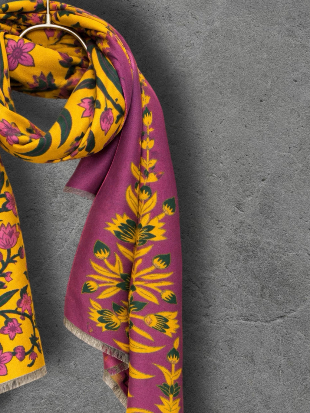 Mustard Yellow and Purple Heritage Garden Floral Reversible Winter Scarf, Warm Shawl for Women, Ideal Christmas Gifts