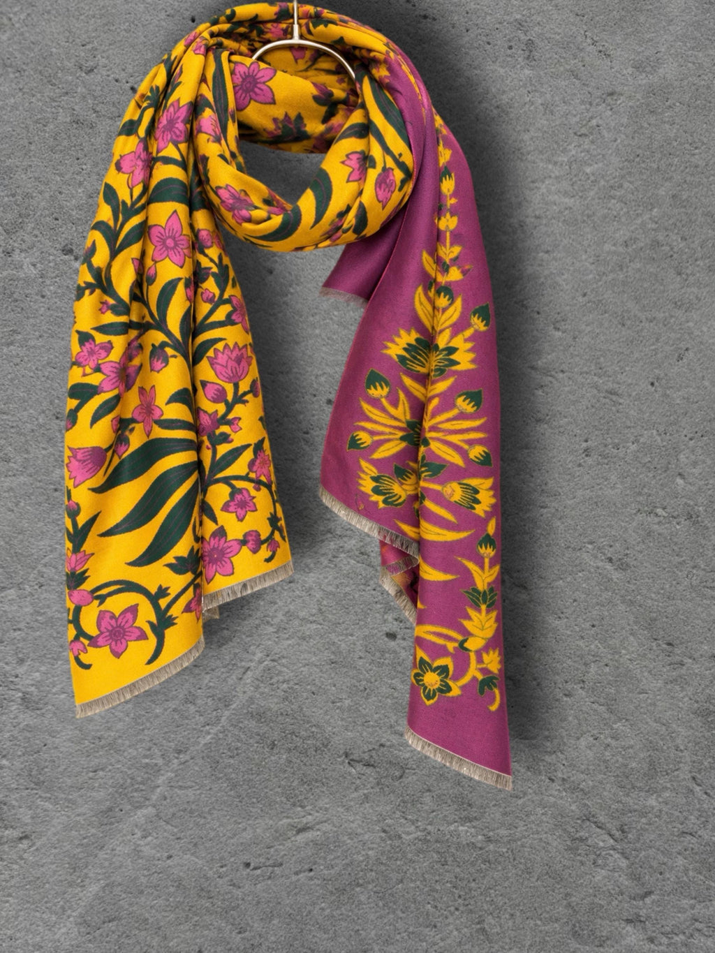 Mustard Yellow and Purple Heritage Garden Floral Reversible Winter Scarf, Warm Shawl for Women, Ideal Christmas Gifts