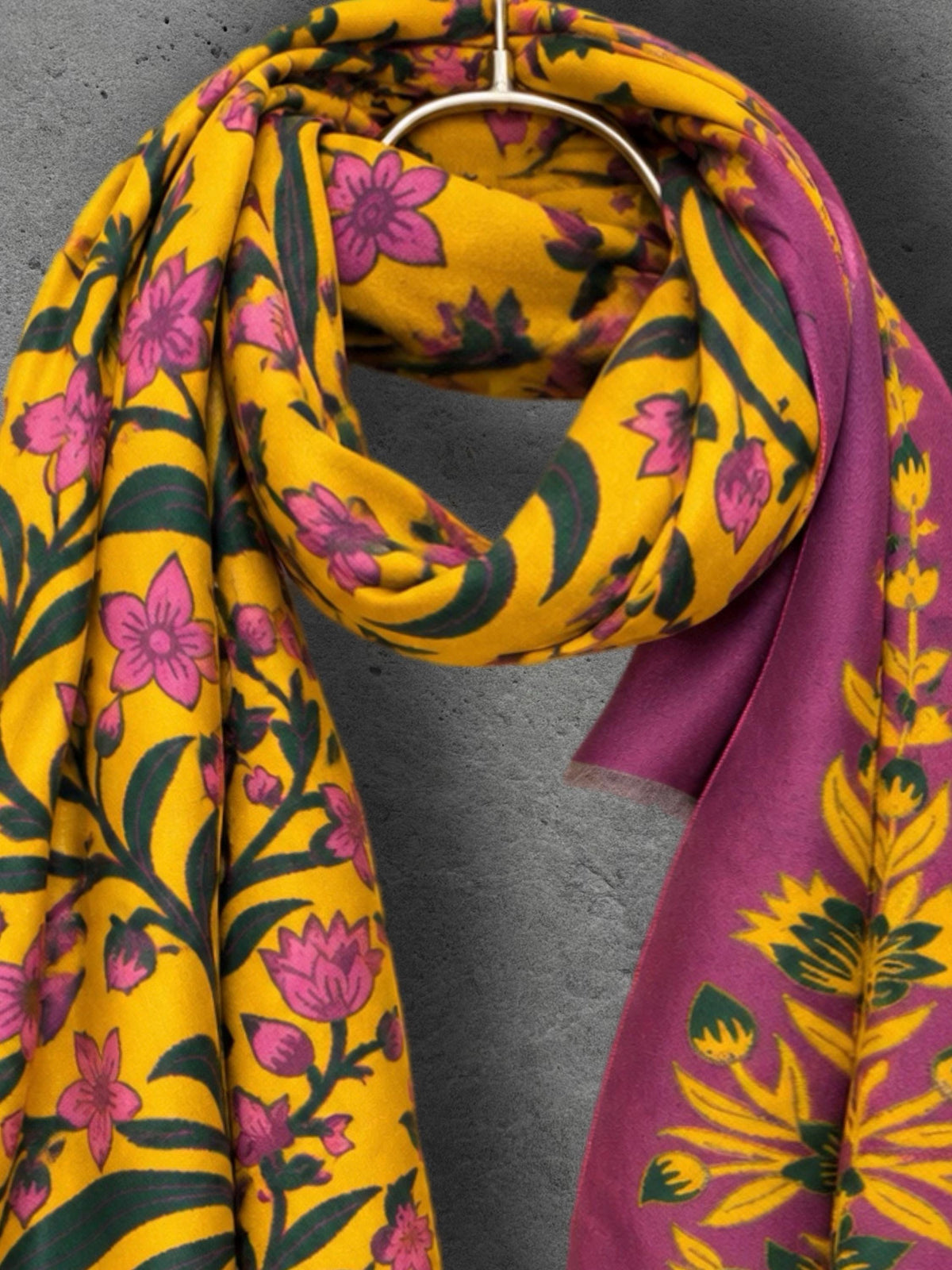 Mustard Yellow and Purple Heritage Garden Floral Reversible Winter Scarf, Warm Shawl for Women, Ideal Christmas Gifts