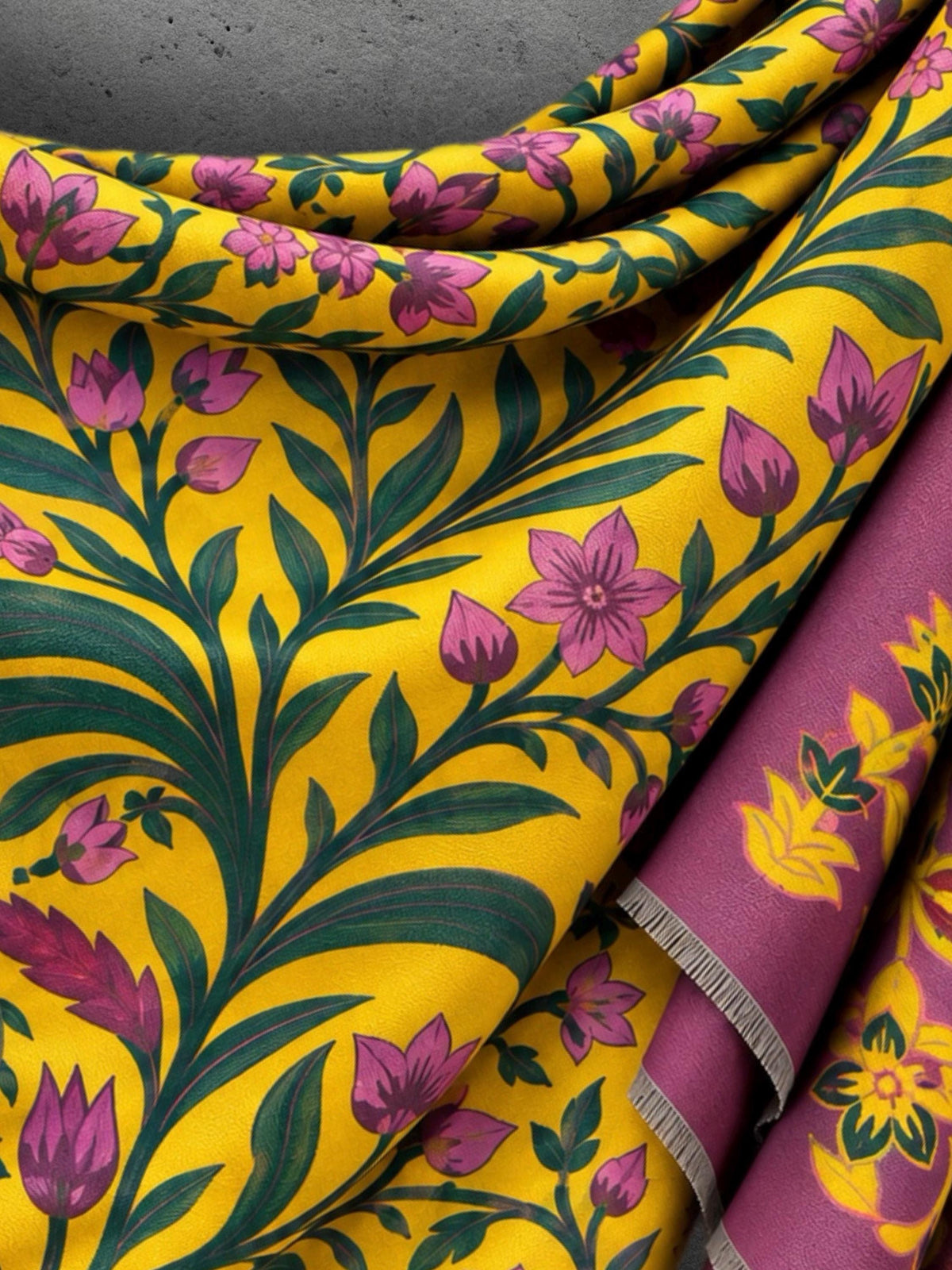 Mustard Yellow and Purple Heritage Garden Floral Reversible Winter Scarf, Warm Shawl for Women, Ideal Christmas Gifts