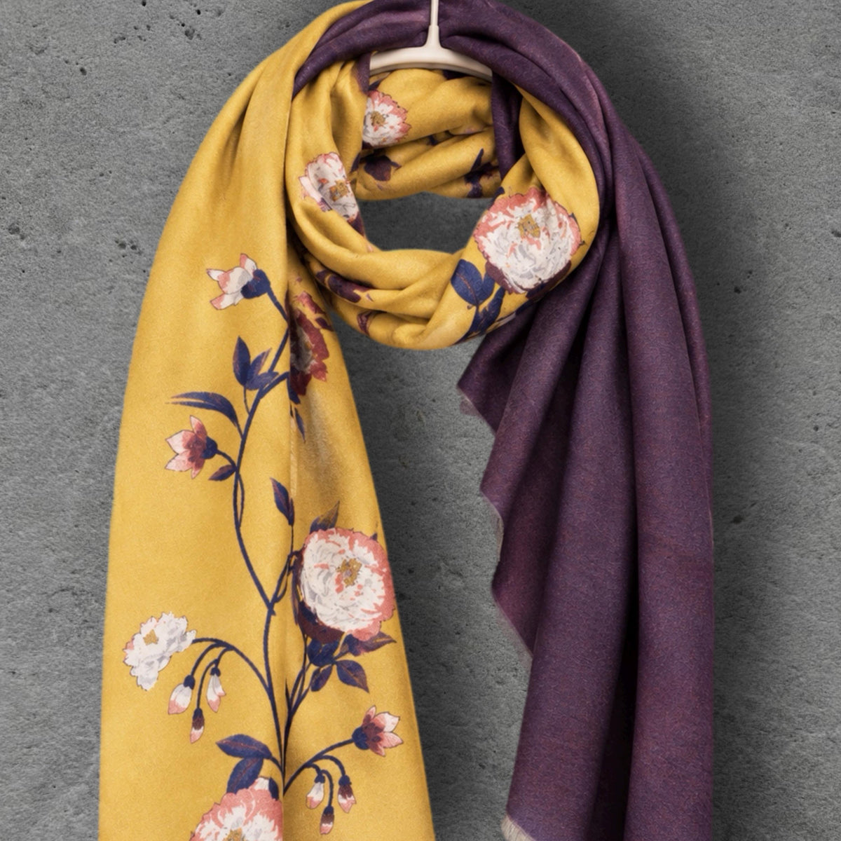 Mustard Yellow & Plum Purple Reversible Floral Winter Scarf, Warm Shoulder Wrap, Cozy Gifts for Her