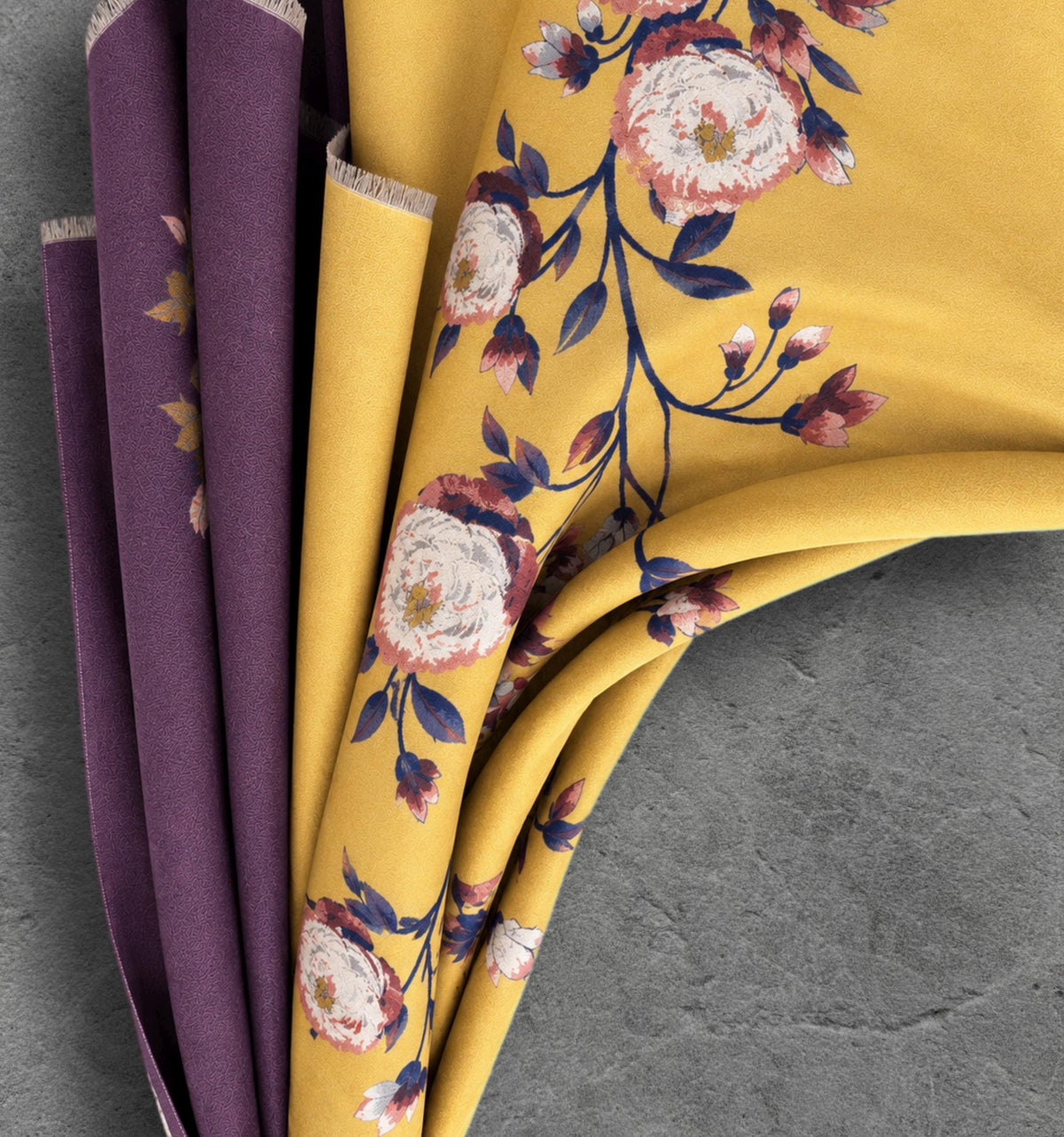 Mustard Yellow & Plum Purple Reversible Floral Winter Scarf, Warm Shoulder Wrap, Cozy Gifts for Her