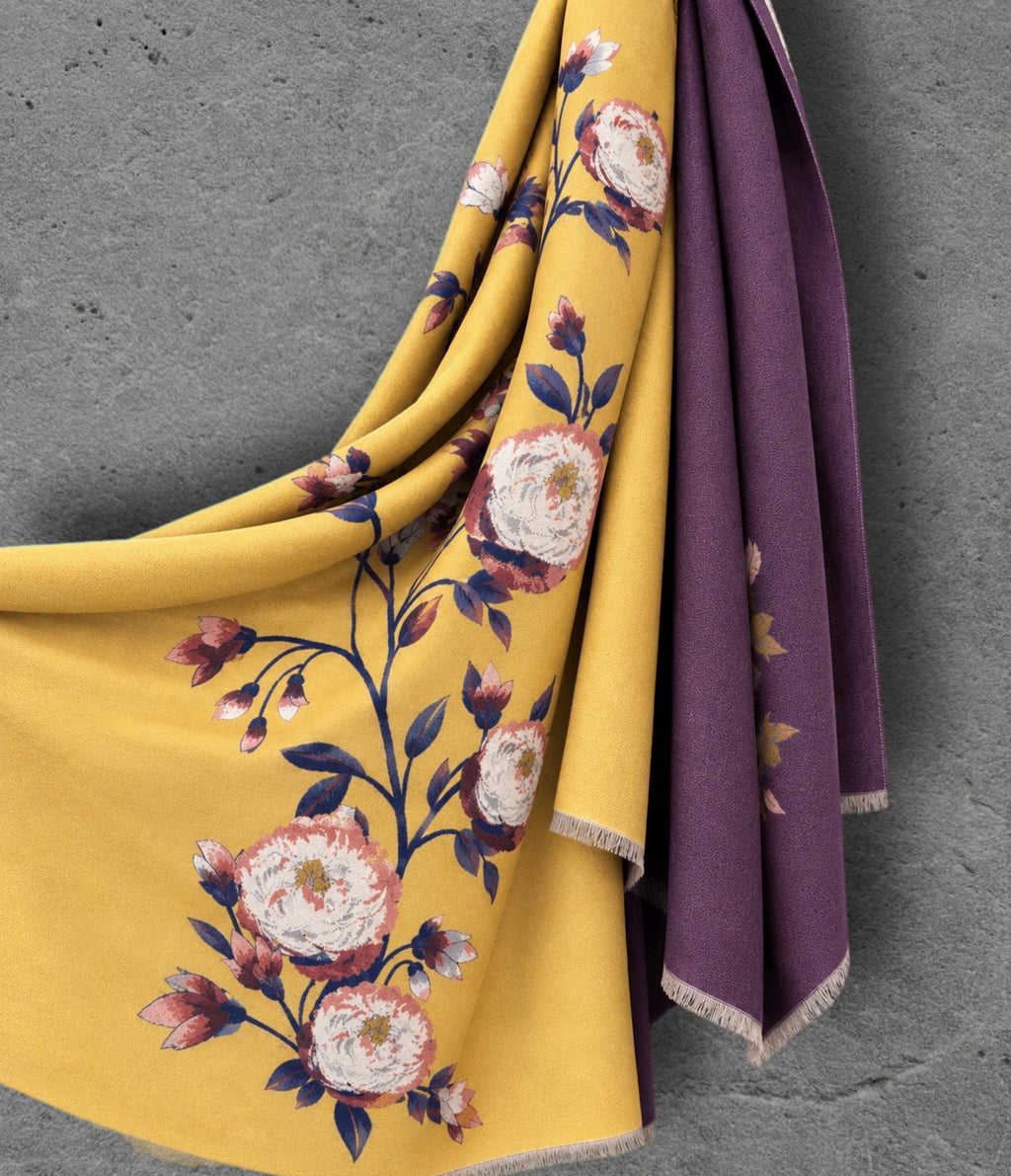 Mustard Yellow & Plum Purple Reversible Floral Winter Scarf, Warm Shoulder Wrap, Cozy Gifts for Her
