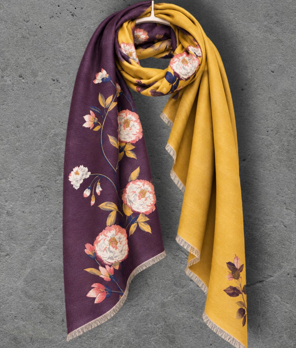 Mustard Yellow & Plum Purple Reversible Floral Winter Scarf, Warm Shoulder Wrap, Cozy Gifts for Her