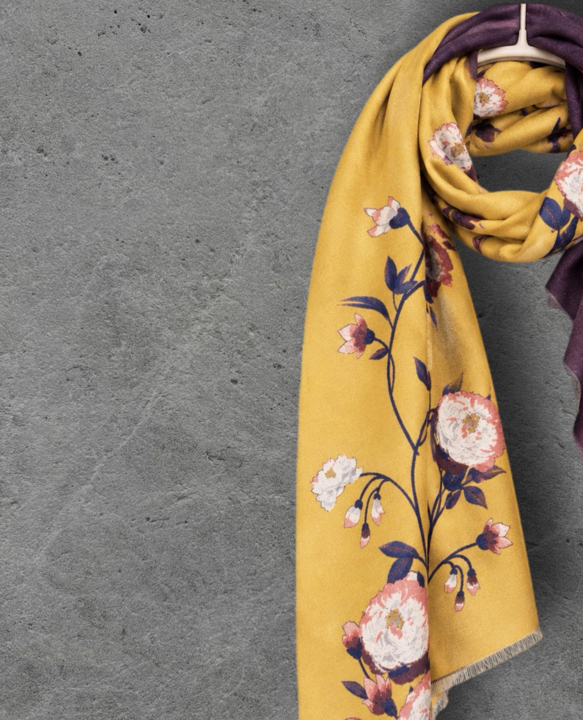 Mustard Yellow & Plum Purple Reversible Floral Winter Scarf, Warm Shoulder Wrap, Cozy Gifts for Her