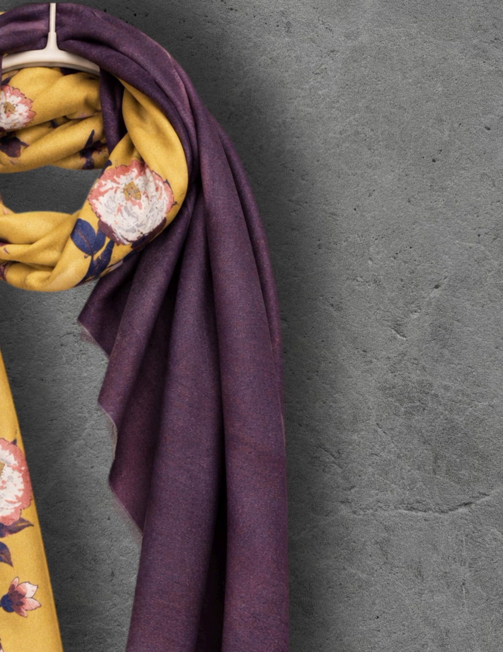 Mustard Yellow & Plum Purple Reversible Floral Winter Scarf, Warm Shoulder Wrap, Cozy Gifts for Her