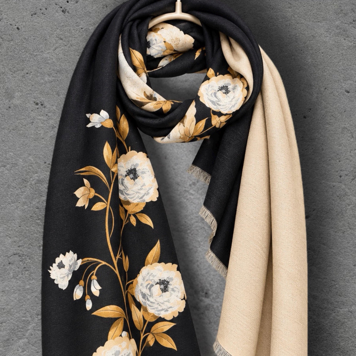 Black & Champagne Beige Reversible Peony Floral Winter Scarf with Short Fringe, Ultra Soft Shawl for Women,Cozy Gifts for Her