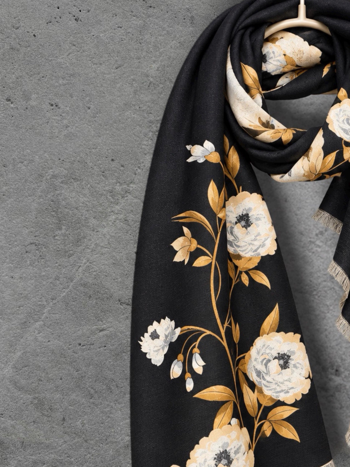 Black & Champagne Beige Reversible Peony Floral Winter Scarf with Short Fringe, Ultra Soft Shawl for Women,Cozy Gifts for Her
