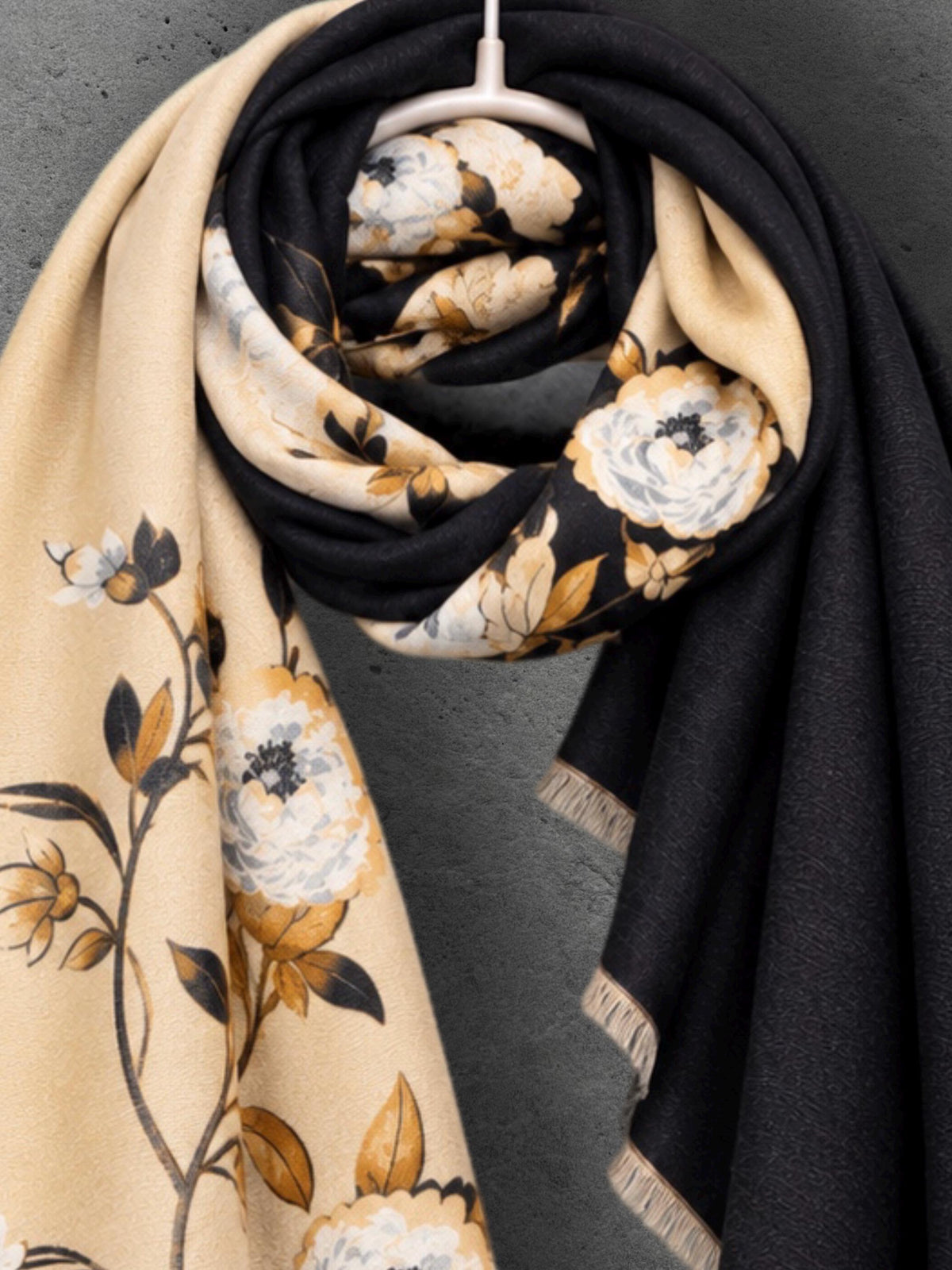 Black & Champagne Beige Reversible Peony Floral Winter Scarf with Short Fringe, Ultra Soft Shawl for Women,Cozy Gifts for Her