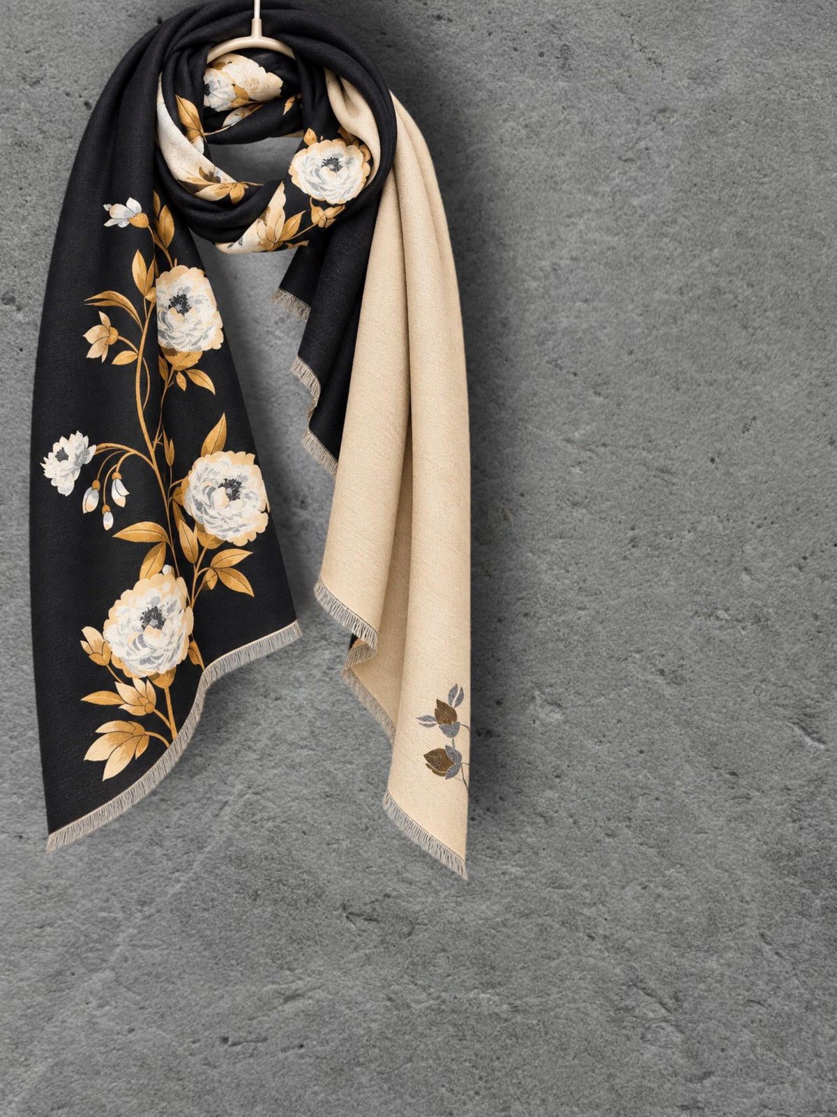 Black & Champagne Beige Reversible Peony Floral Winter Scarf with Short Fringe, Ultra Soft Shawl for Women,Cozy Gifts for Her