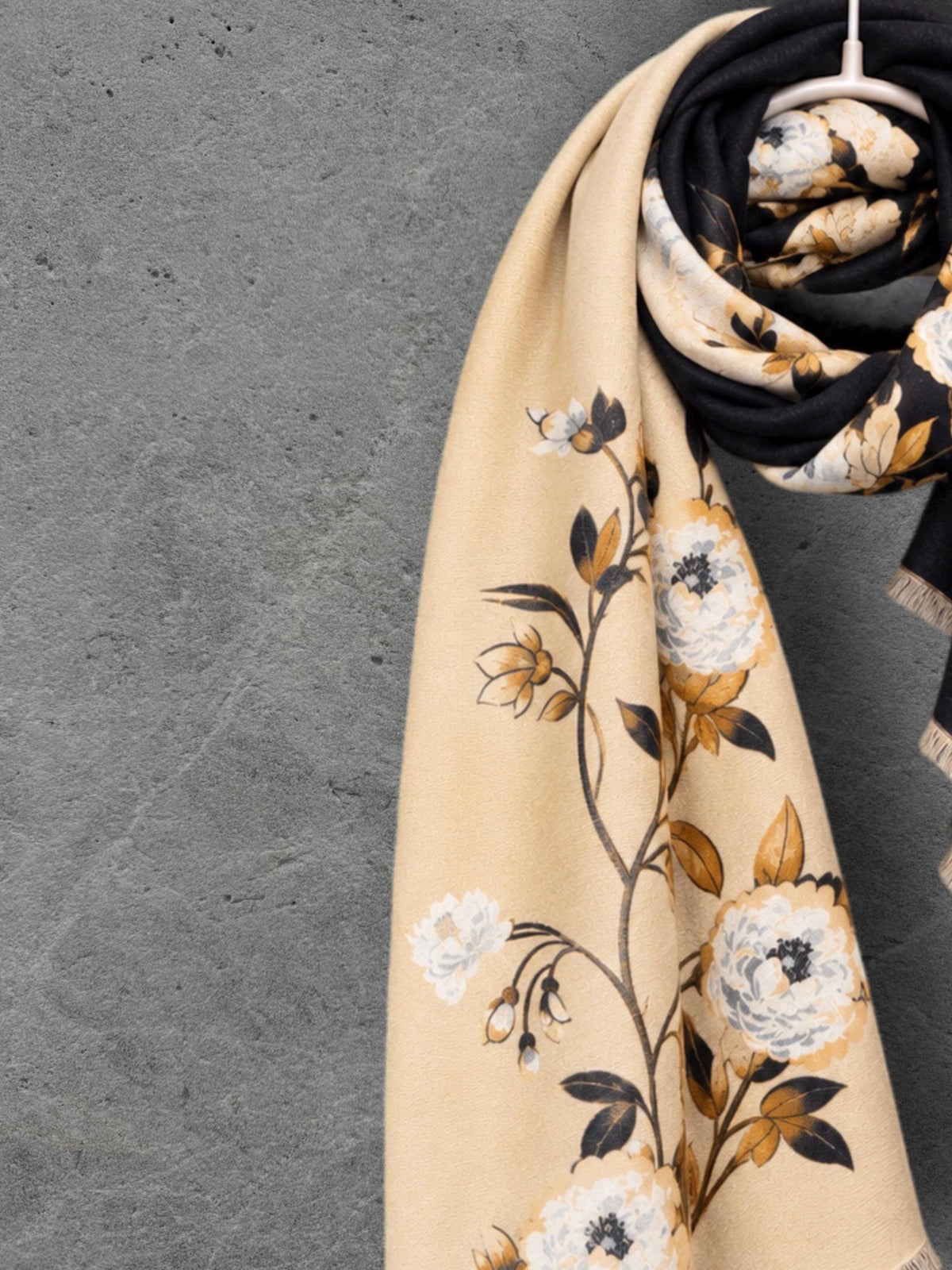 Black & Champagne Beige Reversible Peony Floral Winter Scarf with Short Fringe, Ultra Soft Shawl for Women,Cozy Gifts for Her