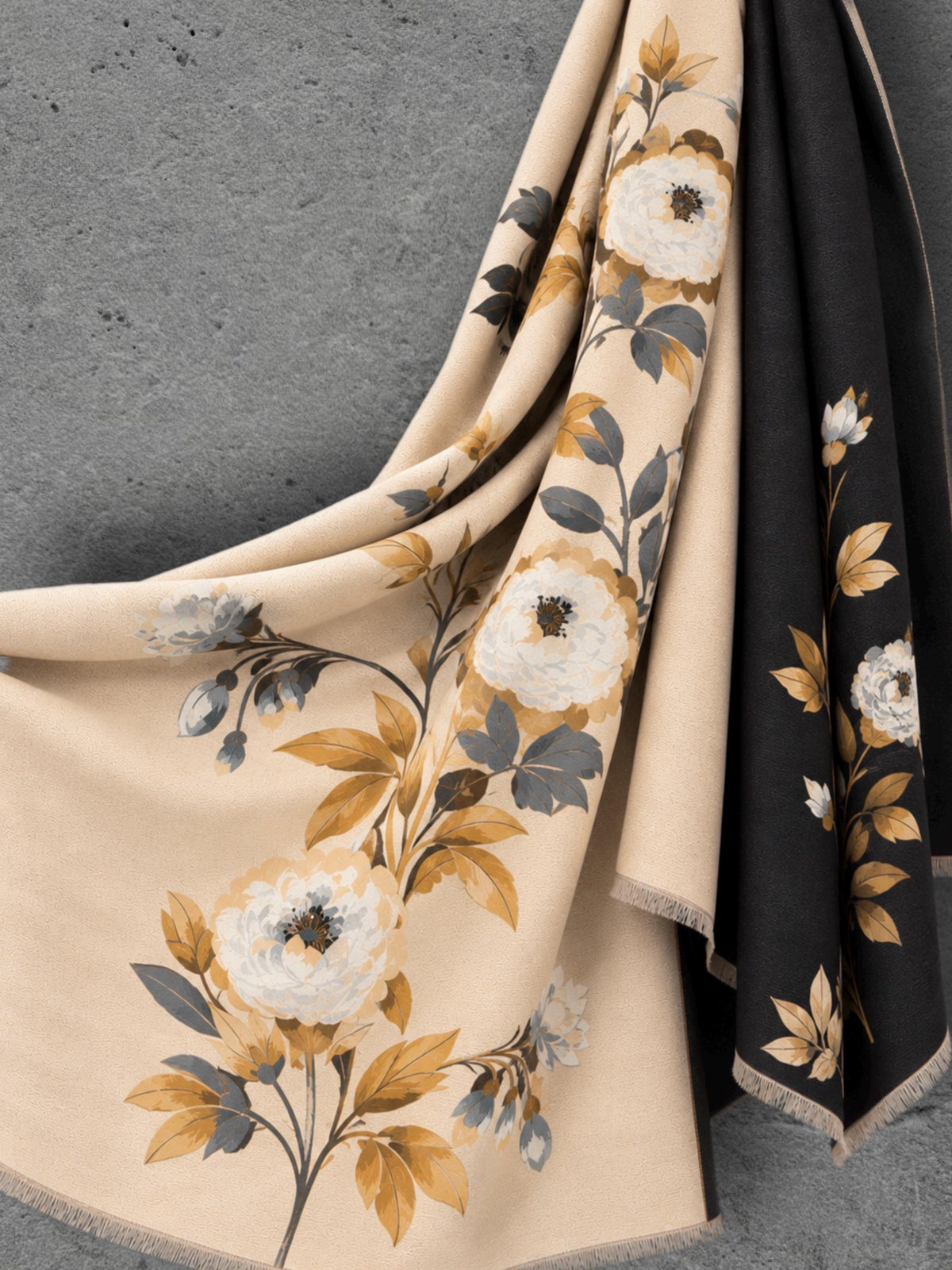 Black & Champagne Beige Reversible Peony Floral Winter Scarf with Short Fringe, Ultra Soft Shawl for Women,Cozy Gifts for Her