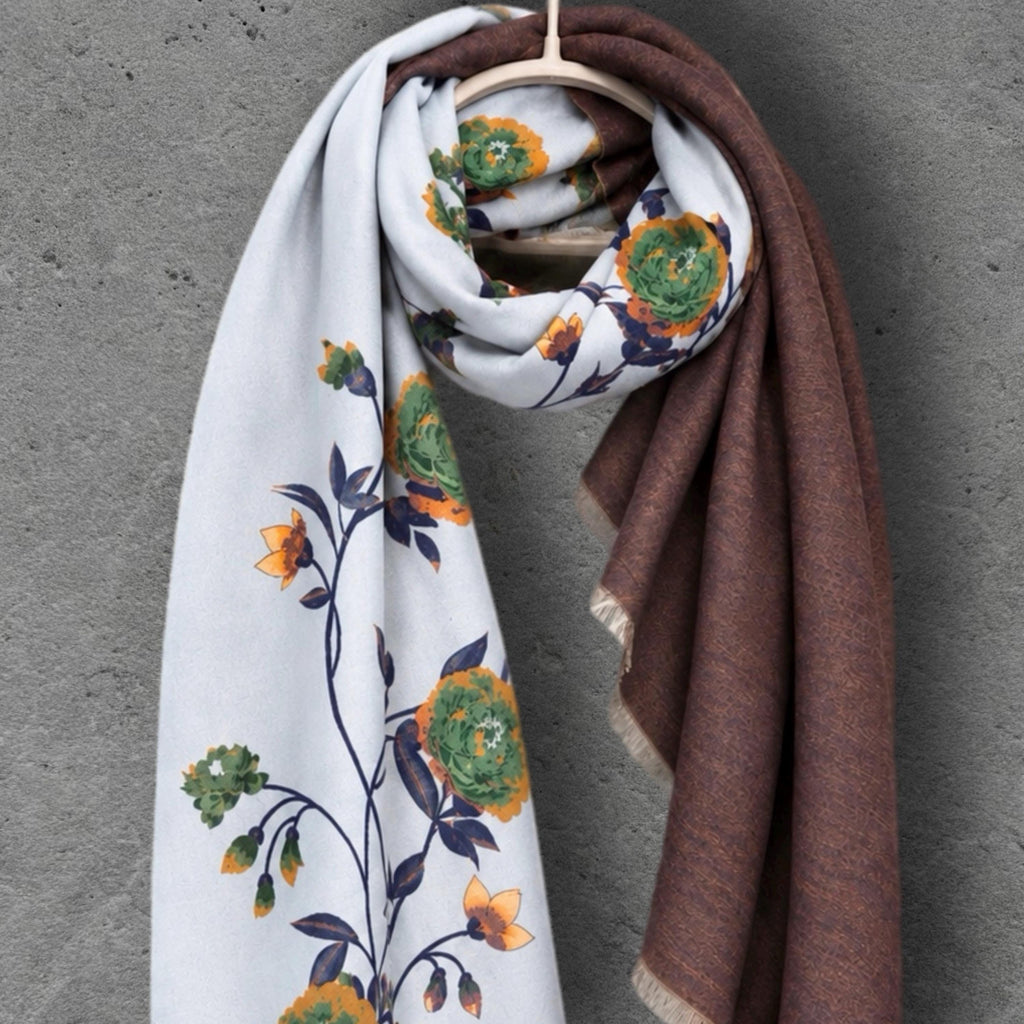 Light Blue & Chocolate Brown Double Sided Peony Winter Scarf, Elegant Wrap for Women, Cozy Gifts for Her