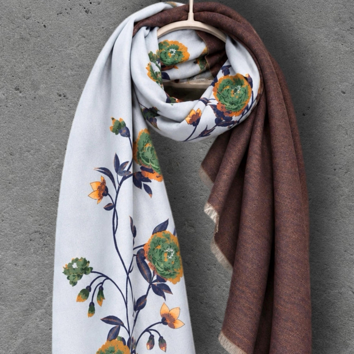 Light Blue & Chocolate Brown Double Sided Peony Winter Scarf, Elegant Wrap for Women, Cozy Gifts for Her