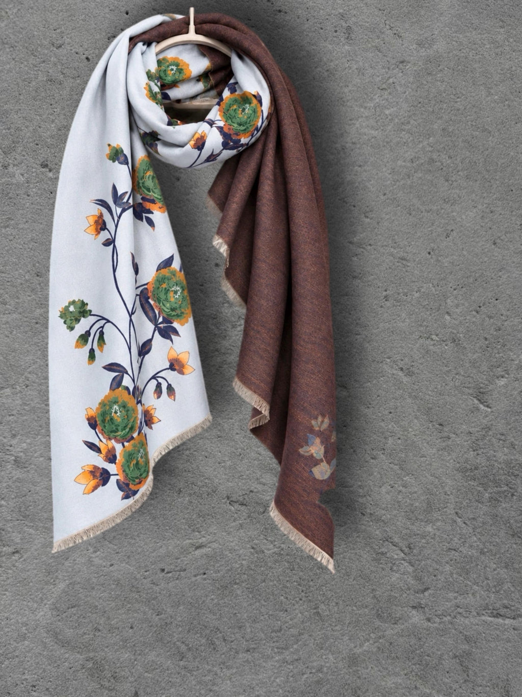 Light Blue & Chocolate Brown Double Sided Peony Winter Scarf, Elegant Wrap for Women, Cozy Gifts for Her