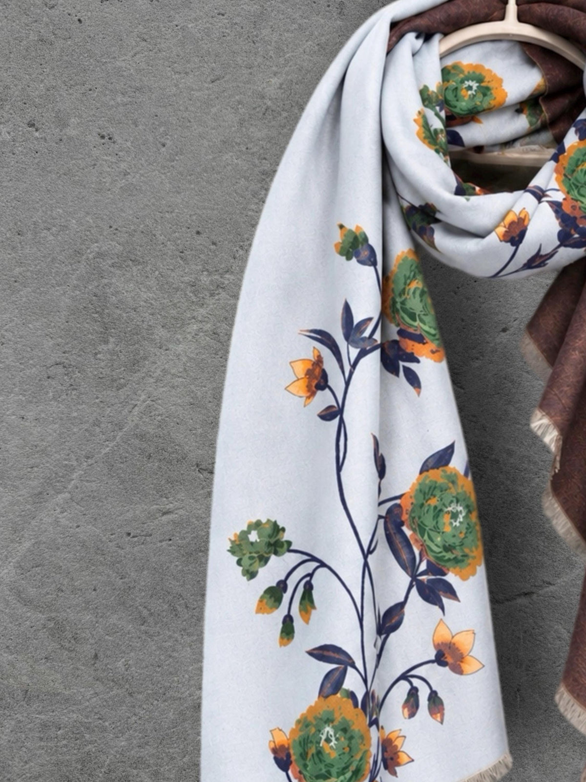 Light Blue & Chocolate Brown Double Sided Peony Winter Scarf, Elegant Wrap for Women, Cozy Gifts for Her