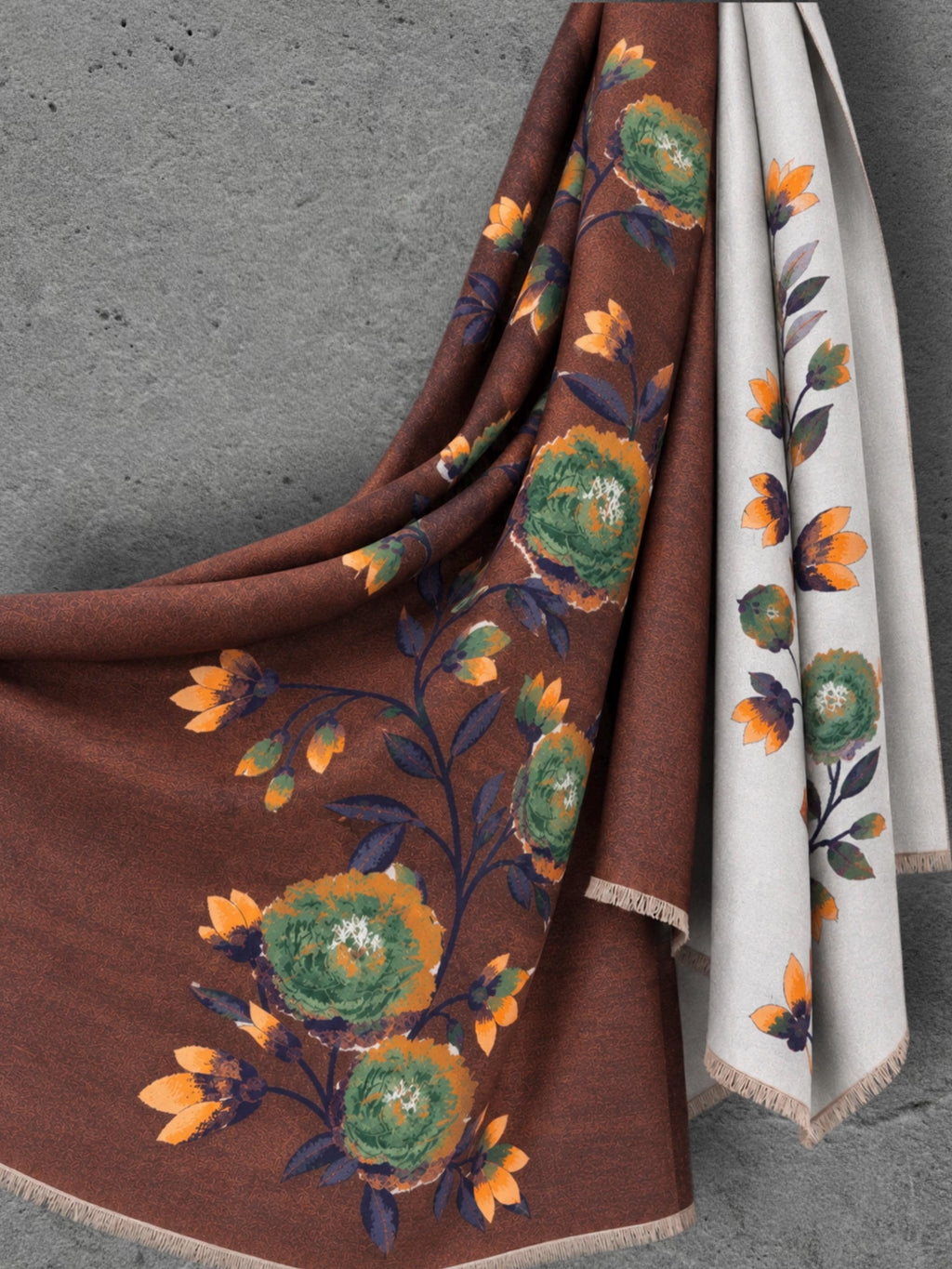 Light Blue & Chocolate Brown Double Sided Peony Winter Scarf, Elegant Wrap for Women, Cozy Gifts for Her