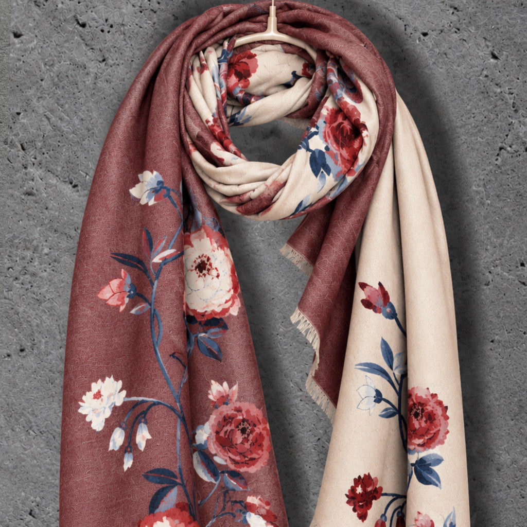 Beige & Brown Burgundy Reversible Winter Scarf, Peony Floral Shoulder Wrap for Women,Ultra Soft Shawl, Elegant Gifts for Her