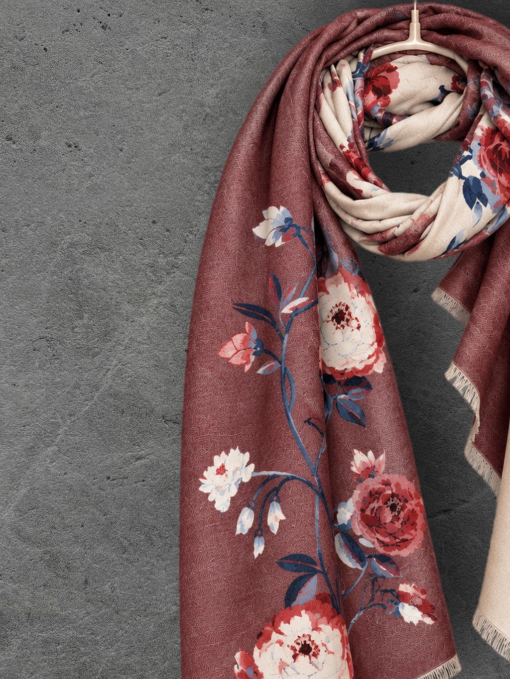 Beige & Brown Burgundy Reversible Winter Scarf, Peony Floral Shoulder Wrap for Women,Ultra Soft Shawl, Elegant Gifts for Her