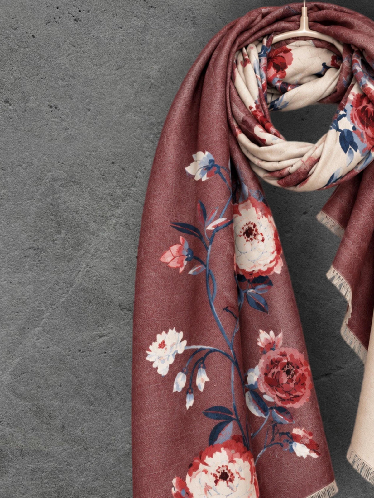 Beige & Brown Burgundy Reversible Winter Scarf, Peony Floral Shoulder Wrap for Women,Ultra Soft Shawl, Elegant Gifts for Her