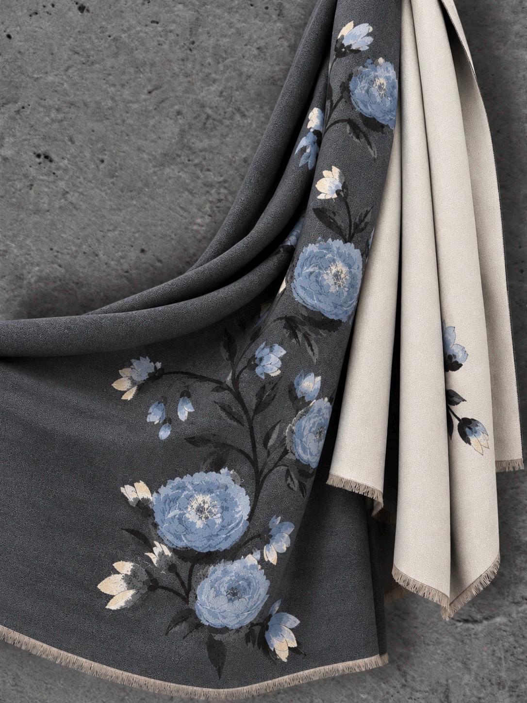 Ivory White & Charcoal Grey Floral Winter Scarf, Reversible Blue Peony Wrap, Cozy Shawl for Women, Elegant Gifts for Her