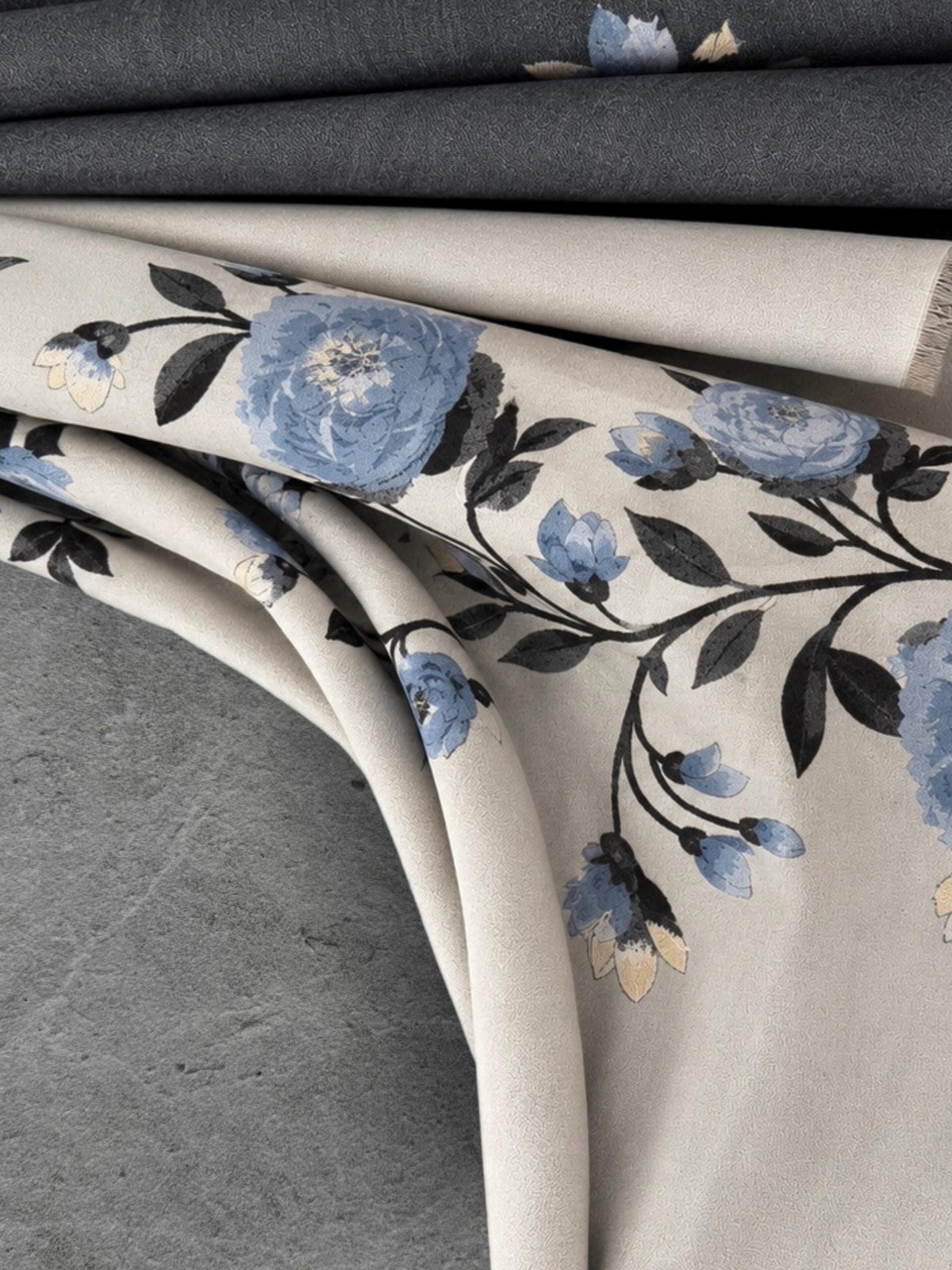 Ivory White & Charcoal Grey Floral Winter Scarf, Reversible Blue Peony Wrap, Cozy Shawl for Women, Elegant Gifts for Her