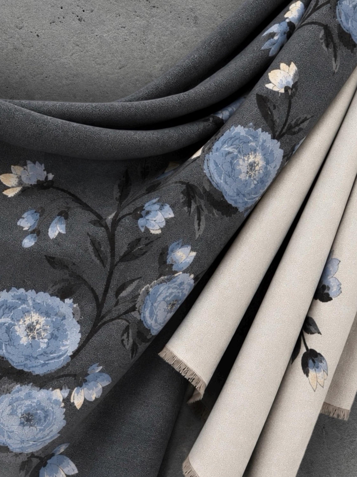 Ivory White & Charcoal Grey Floral Winter Scarf, Reversible Blue Peony Wrap, Cozy Shawl for Women, Elegant Gifts for Her