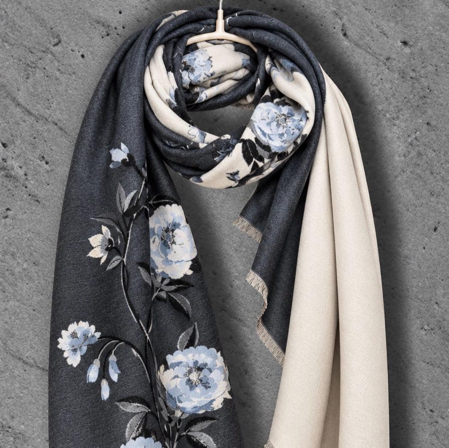 Ivory White & Charcoal Grey Floral Winter Scarf, Reversible Blue Peony Wrap, Cozy Shawl for Women, Elegant Gifts for Her