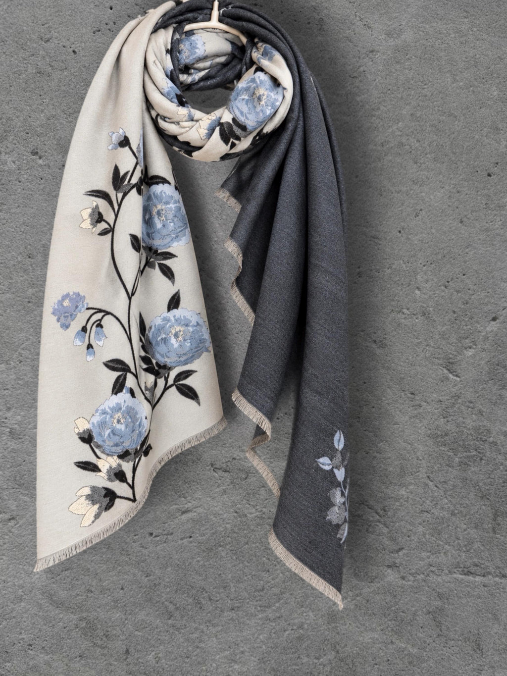 Ivory White & Charcoal Grey Floral Winter Scarf, Reversible Blue Peony Wrap, Cozy Shawl for Women, Elegant Gifts for Her