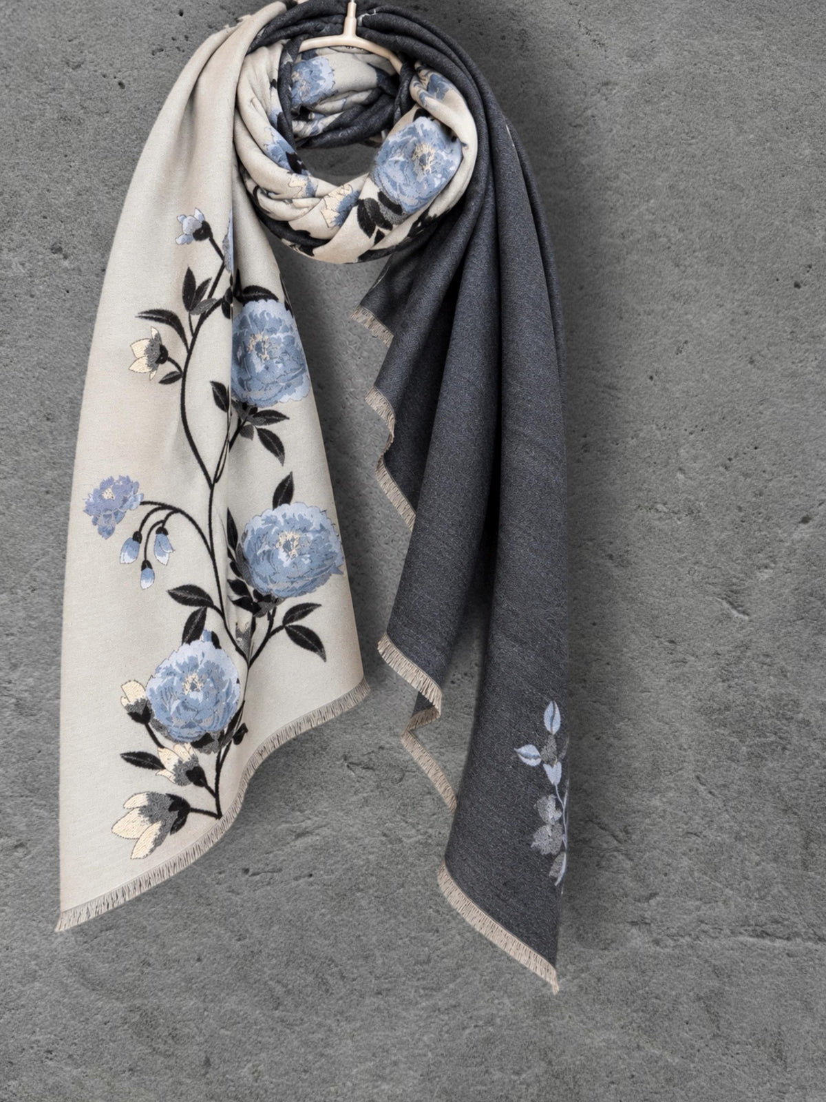 Ivory White & Charcoal Grey Floral Winter Scarf, Reversible Blue Peony Wrap, Cozy Shawl for Women, Elegant Gifts for Her